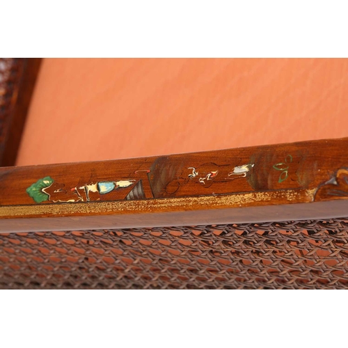 136 - An early 20th-century walnut and chinoiserie lacquer three-piece bergere lounge suite, probably 1920... 