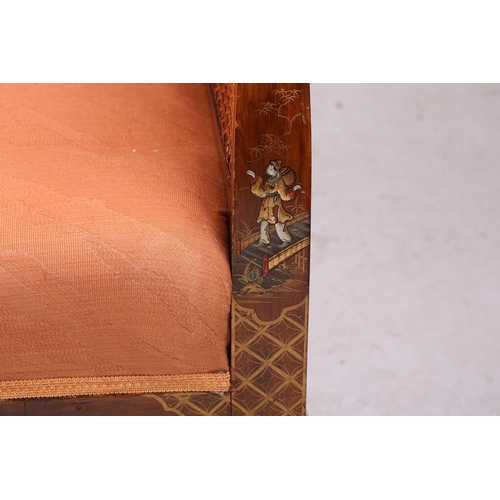 136 - An early 20th-century walnut and chinoiserie lacquer three-piece bergere lounge suite, probably 1920... 