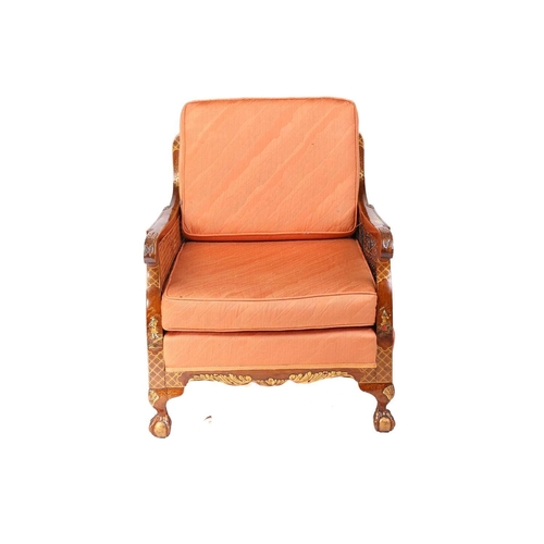 136 - An early 20th-century walnut and chinoiserie lacquer three-piece bergere lounge suite, probably 1920... 