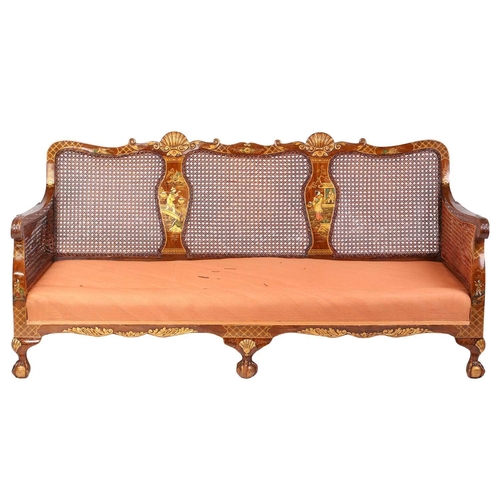 136 - An early 20th-century walnut and chinoiserie lacquer three-piece bergere lounge suite, probably 1920... 