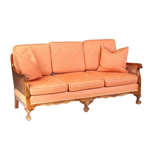 136 - An early 20th-century walnut and chinoiserie lacquer three-piece bergere lounge suite, probably 1920... 