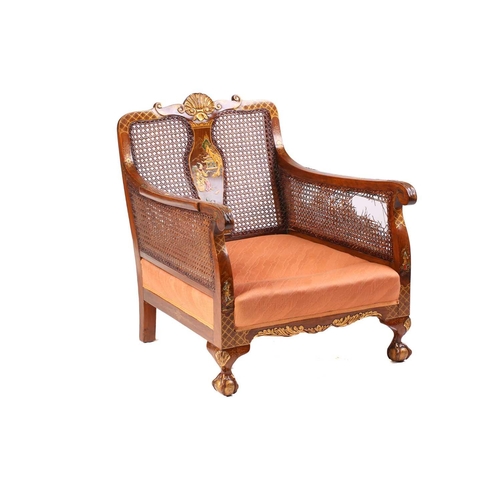 136 - An early 20th-century walnut and chinoiserie lacquer three-piece bergere lounge suite, probably 1920... 