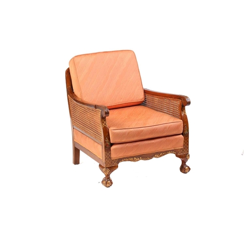 136 - An early 20th-century walnut and chinoiserie lacquer three-piece bergere lounge suite, probably 1920... 