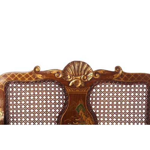 136 - An early 20th-century walnut and chinoiserie lacquer three-piece bergere lounge suite, probably 1920... 