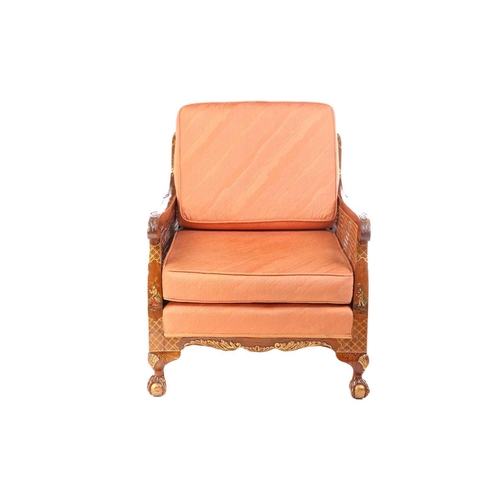 136 - An early 20th-century walnut and chinoiserie lacquer three-piece bergere lounge suite, probably 1920... 
