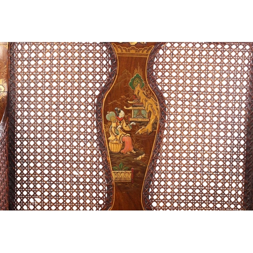 136 - An early 20th-century walnut and chinoiserie lacquer three-piece bergere lounge suite, probably 1920... 
