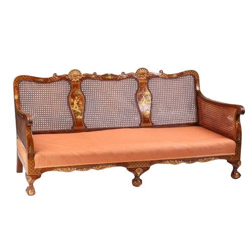 136 - An early 20th-century walnut and chinoiserie lacquer three-piece bergere lounge suite, probably 1920... 