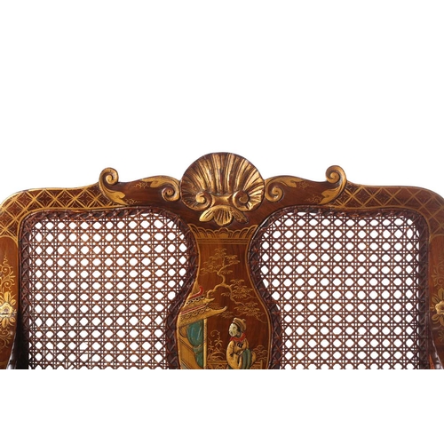 136 - An early 20th-century walnut and chinoiserie lacquer three-piece bergere lounge suite, probably 1920... 