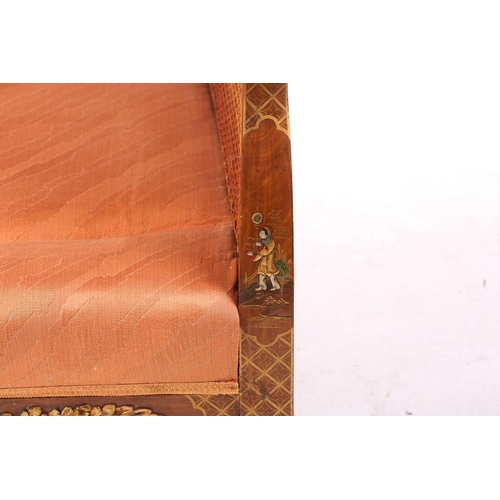 136 - An early 20th-century walnut and chinoiserie lacquer three-piece bergere lounge suite, probably 1920... 