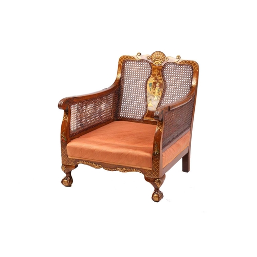 136 - An early 20th-century walnut and chinoiserie lacquer three-piece bergere lounge suite, probably 1920... 