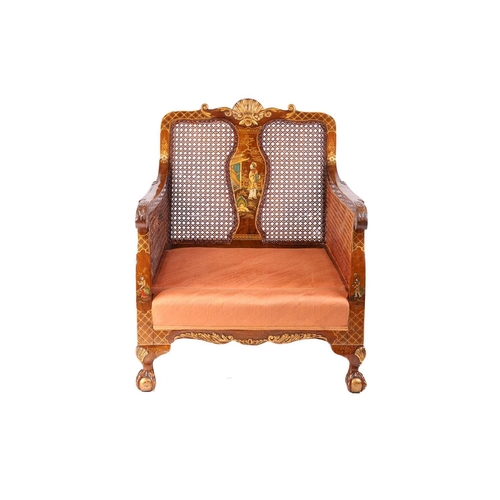 136 - An early 20th-century walnut and chinoiserie lacquer three-piece bergere lounge suite, probably 1920... 
