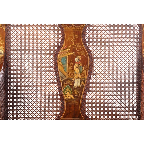 136 - An early 20th-century walnut and chinoiserie lacquer three-piece bergere lounge suite, probably 1920... 