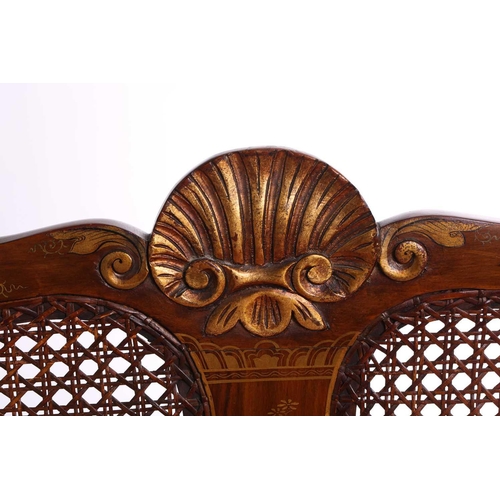 136 - An early 20th-century walnut and chinoiserie lacquer three-piece bergere lounge suite, probably 1920... 