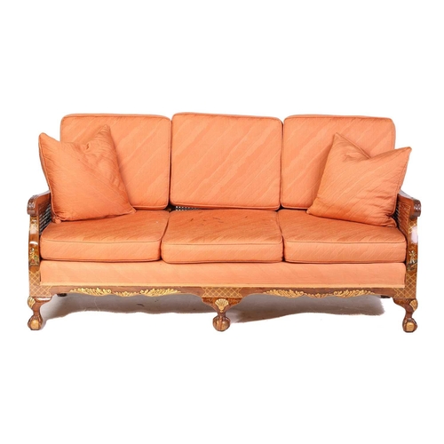 136 - An early 20th-century walnut and chinoiserie lacquer three-piece bergere lounge suite, probably 1920... 