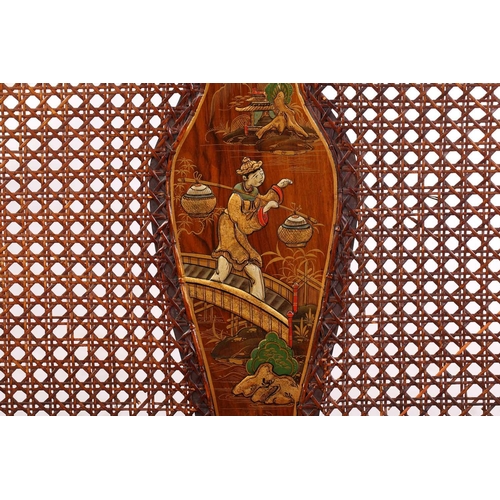136 - An early 20th-century walnut and chinoiserie lacquer three-piece bergere lounge suite, probably 1920... 