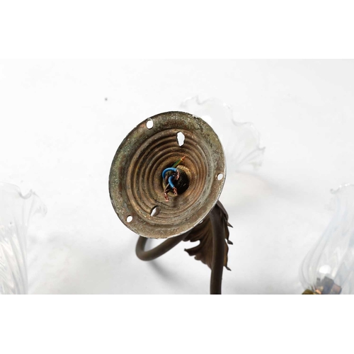 147 - Four sets of late 19th-century French-style brass wall sconces, twin branch with leaf decoration, th... 