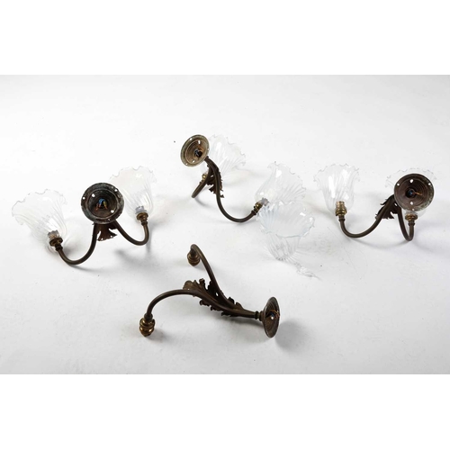 147 - Four sets of late 19th-century French-style brass wall sconces, twin branch with leaf decoration, th... 