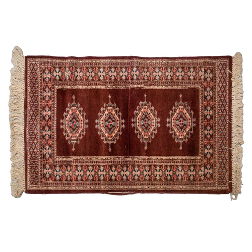 154 - An Afshar bag face with chickens and figures on an ivory ground, 70 cm x 67 cm, and a Turkoman mat a... 