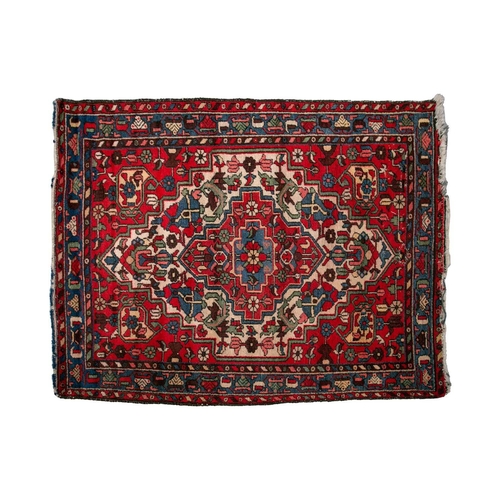 154 - An Afshar bag face with chickens and figures on an ivory ground, 70 cm x 67 cm, and a Turkoman mat a... 