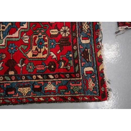 154 - An Afshar bag face with chickens and figures on an ivory ground, 70 cm x 67 cm, and a Turkoman mat a... 