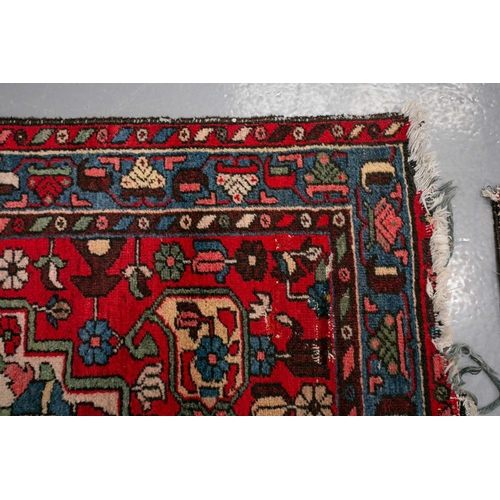 154 - An Afshar bag face with chickens and figures on an ivory ground, 70 cm x 67 cm, and a Turkoman mat a... 