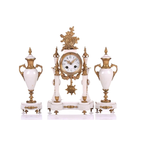 165 - A Louis XVI-style white marble and ormolu 8-day clock garniture, early 20th century, fitted with a s... 