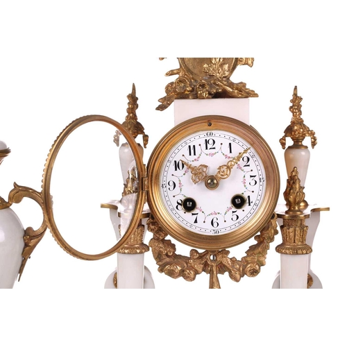 165 - A Louis XVI-style white marble and ormolu 8-day clock garniture, early 20th century, fitted with a s... 