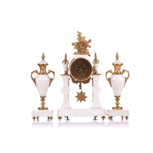 165 - A Louis XVI-style white marble and ormolu 8-day clock garniture, early 20th century, fitted with a s... 