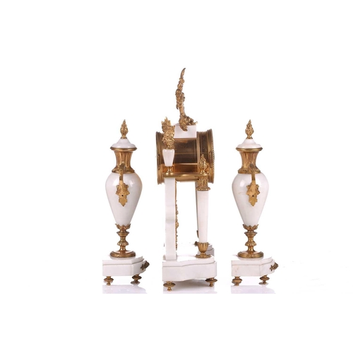 165 - A Louis XVI-style white marble and ormolu 8-day clock garniture, early 20th century, fitted with a s... 