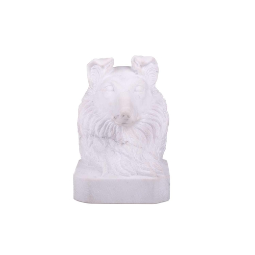 170 - Dennis Jones; a 20th-century carved white marble bust study of a Scottish Collie bearing the artist'... 