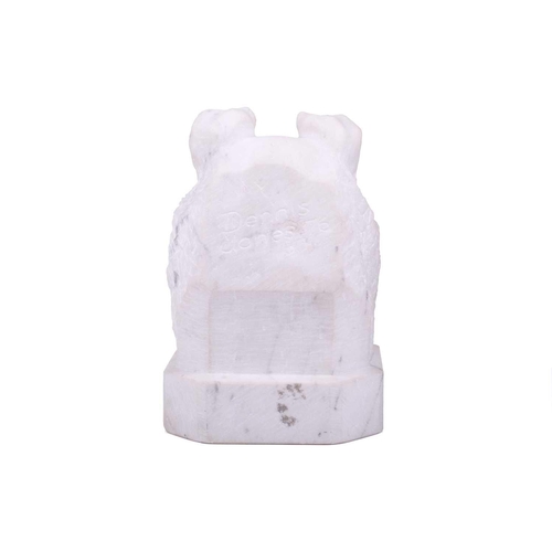 170 - Dennis Jones; a 20th-century carved white marble bust study of a Scottish Collie bearing the artist'... 