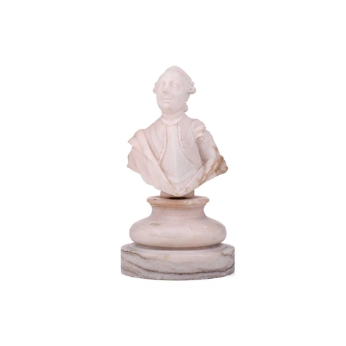 172 - An alabaster bust of George III, on an associated circular base, 19 cm high. Loose on base, with som... 