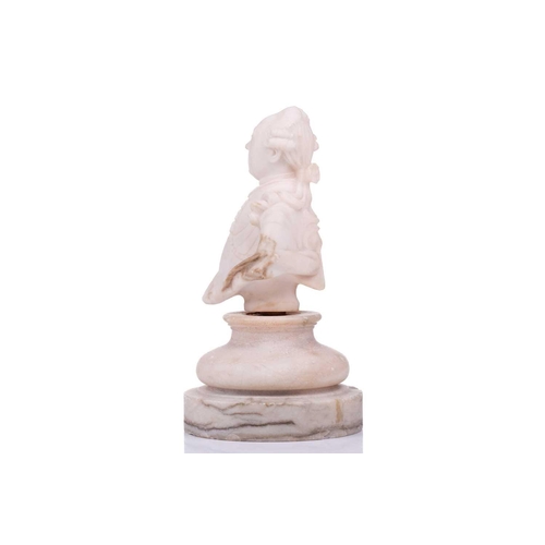 172 - An alabaster bust of George III, on an associated circular base, 19 cm high. Loose on base, with som... 
