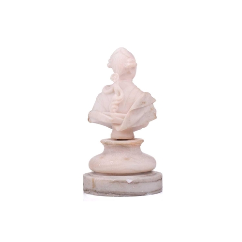 172 - An alabaster bust of George III, on an associated circular base, 19 cm high. Loose on base, with som... 
