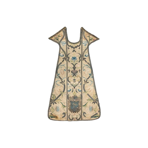 177 - An 18th-century silk and metal thread embroidered Chasuble panel, worked with a coat of arms, 121 cm... 