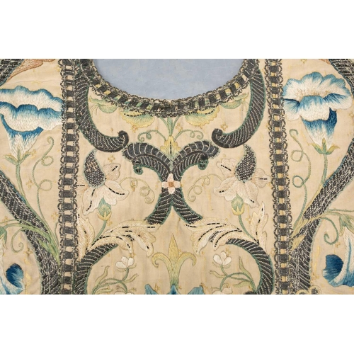 177 - An 18th-century silk and metal thread embroidered Chasuble panel, worked with a coat of arms, 121 cm... 