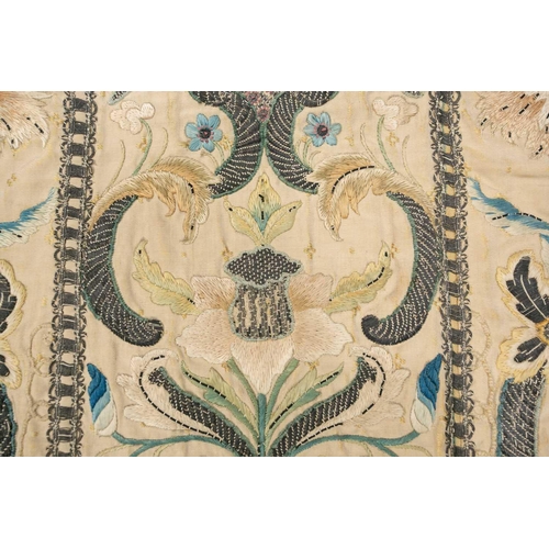 177 - An 18th-century silk and metal thread embroidered Chasuble panel, worked with a coat of arms, 121 cm... 