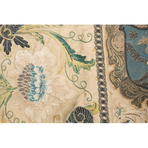 177 - An 18th-century silk and metal thread embroidered Chasuble panel, worked with a coat of arms, 121 cm... 