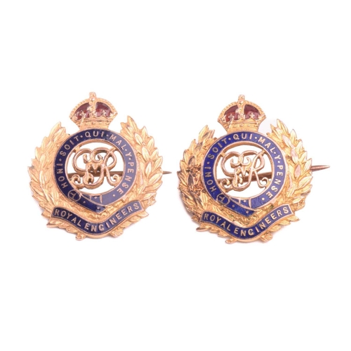 10 - Two WWII Royal Engineers Corp badges in 9ct gold, centred with George VI royal cypher within olive w... 