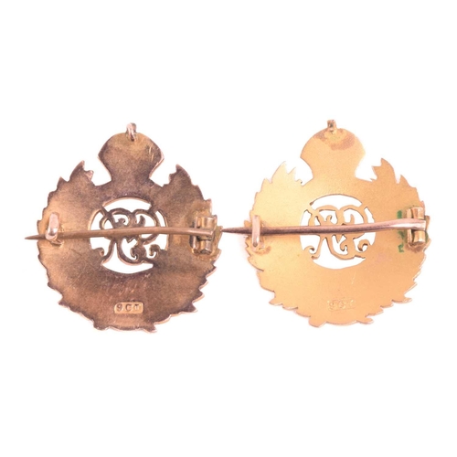 10 - Two WWII Royal Engineers Corp badges in 9ct gold, centred with George VI royal cypher within olive w... 