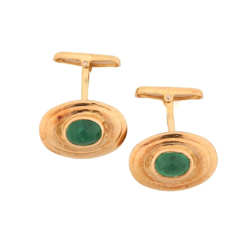 12 - A pair of emerald cufflinks, each set with an oval cabochon emerald, with Italian control marks mark... 