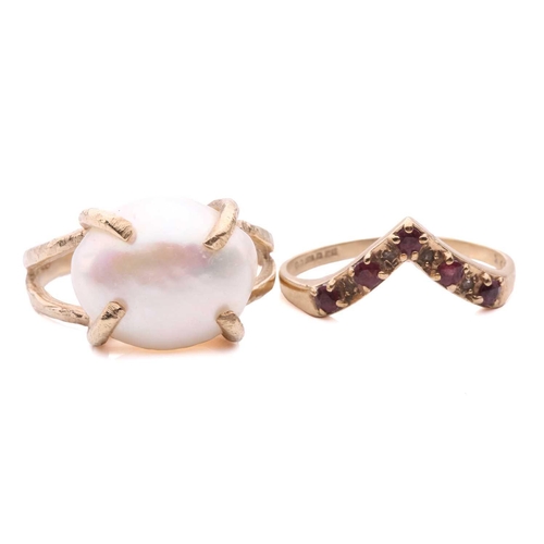 123 - A pearl ring and a gem-set wishbone ring; the pearl ring features a button-shaped cultured pearl of ... 