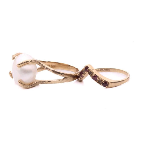 123 - A pearl ring and a gem-set wishbone ring; the pearl ring features a button-shaped cultured pearl of ... 