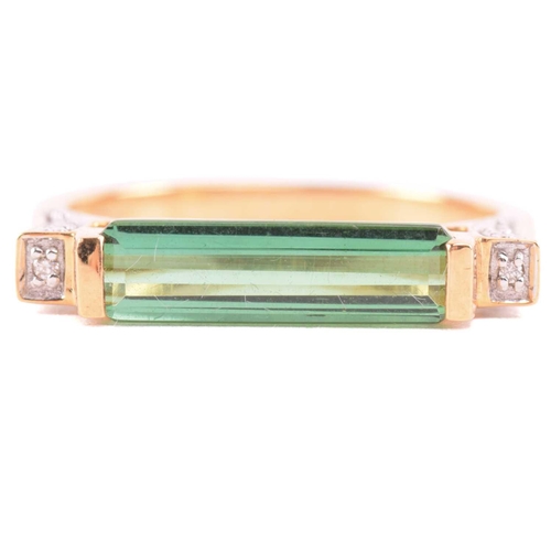 124 - A tourmaline and diamond ring and similar pendant on chain; the ring features an elongated baguette-... 