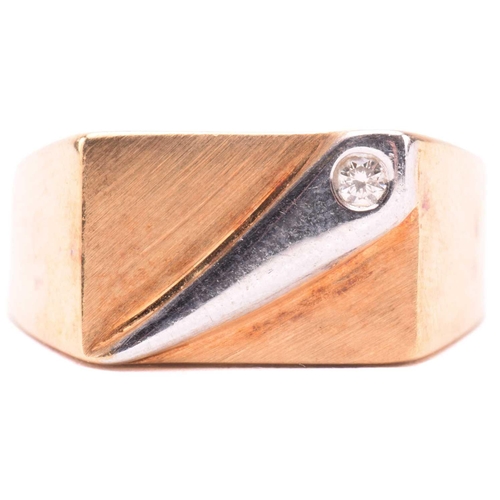 130 - An 18ct gold signet ring set with diamond, the rectangular ring head with brush finish, stylised wit... 