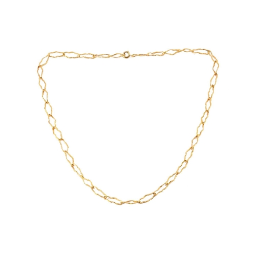 133 - A textured peanut link chain, organically textured, connected by a gilt spring-ring clasp, yellow me... 