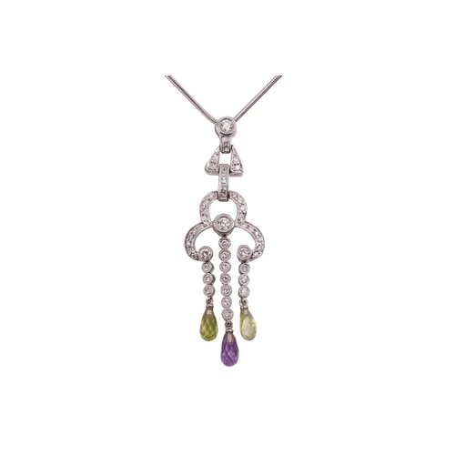 135 - A diamond, peridot and amethyst pendant on an 18ct white gold chain, of geometric design, comprising... 