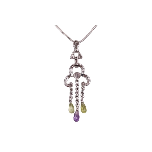 135 - A diamond, peridot and amethyst pendant on an 18ct white gold chain, of geometric design, comprising... 