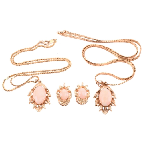 143 - Two coral-set pendants on chain together with matching clip-on earrings; the identical pendants of f... 