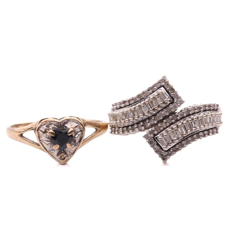 148 - A diamond multi-row cross over ring, set with baguette cut and single cut diamonds with a total esti... 